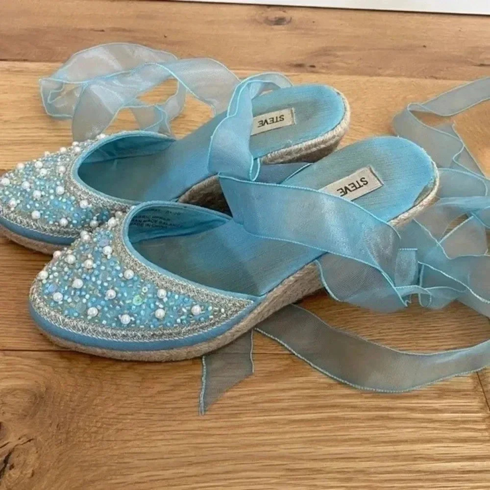 Steve Madden Blue Beaded Espadrilles Tie Up Wedges - Picture 13 of 15